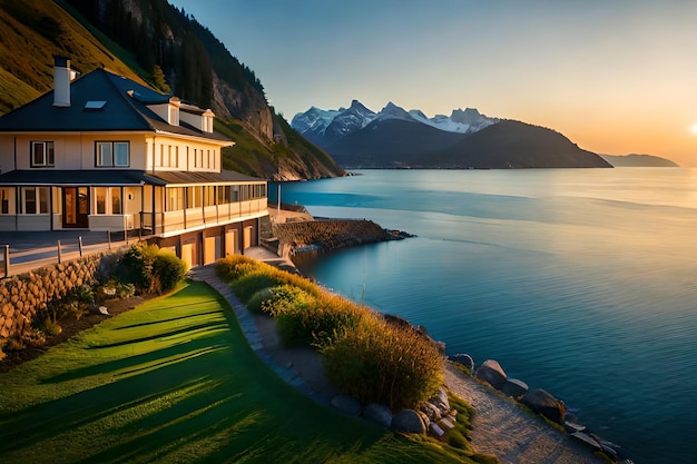 a home by the lake at sunset