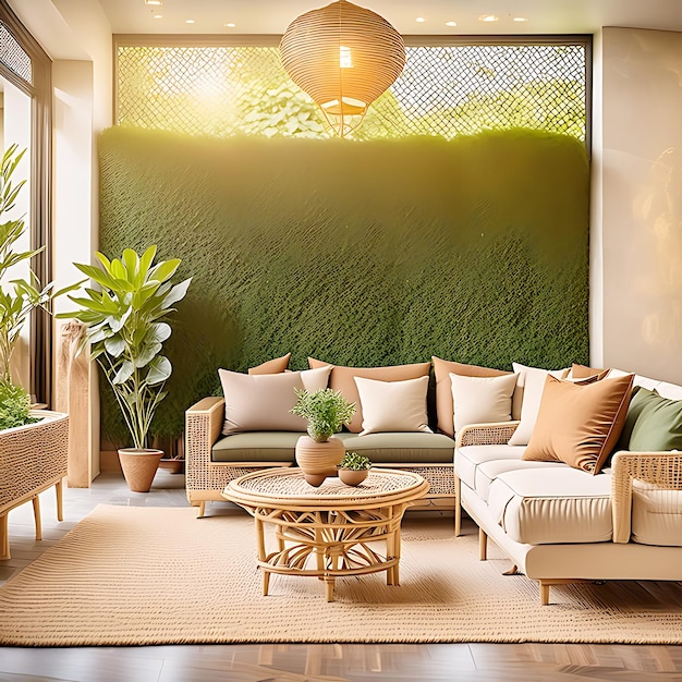 Home a calming living space with a natural color palette and soft lighting evoking tranquility