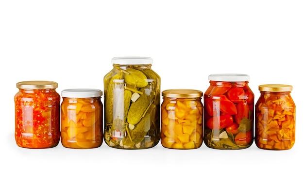 Home Canning Jars of Summer Harvest Vegetable on White Backgroun