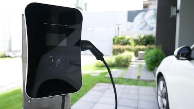 Home charging station provides an ecofriendly sustainable power supply for EV cars Progressive concept for future green energy storage for electric vehicles