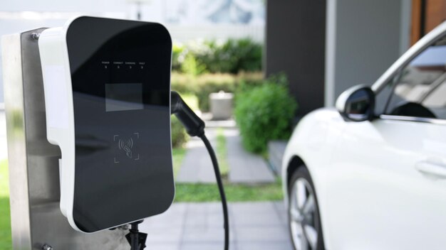 Photo home charging station provides an ecofriendly sustainable power supply for ev cars progressive concept for future green energy storage for electric vehicles