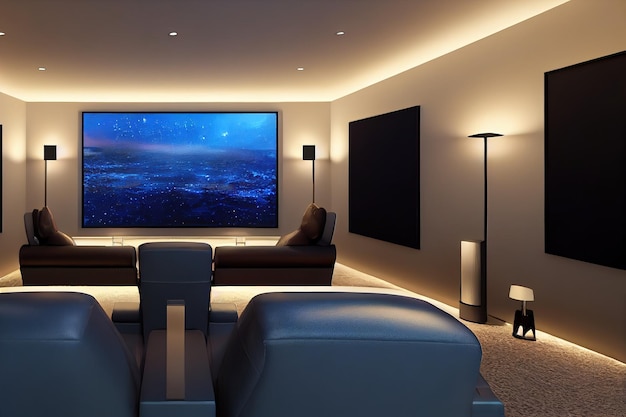 Home cinema living room with colored led lighting smart home 3d\
render raster illustration