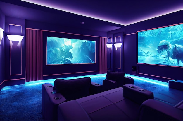 Home cinema living room with colored LED lighting Smart home 3D render Raster illustration