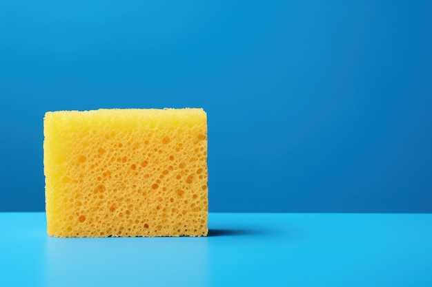 Home cleaning concept Yellow sponge blue background copy space