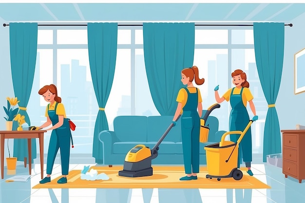 Уборка дома плоская цветовая векторная иллюстрация Команда домохозяйки 2D мультфильмы с мебелью на заднем плане
