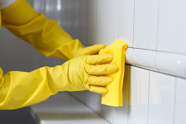 Foto pulizia delle mani a casa con guanti protettivi e un panno in microfibra pulizia del bagno