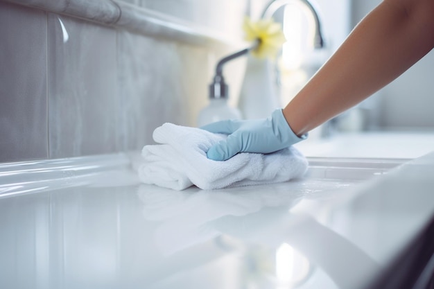 Foto pulizia delle mani a casa con guanti protettivi e un panno in microfibra pulizia del bagno