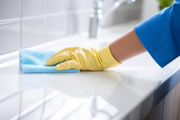 Foto pulizia delle mani a casa con guanti protettivi e un panno in microfibra pulizia del bagno