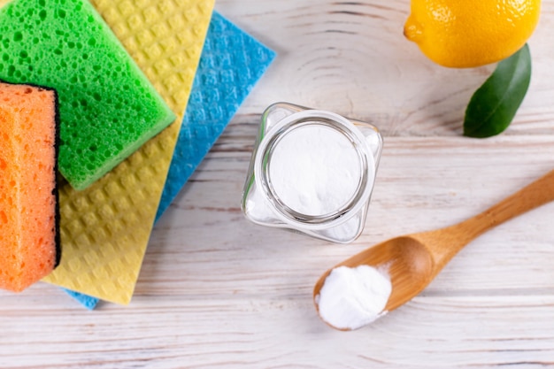 Home cleaning tool. Lemon, soda made from natural ingredients. Brushes and cloth. The zero waste concept