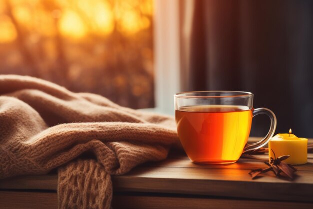 暖かい 毛布 の 下 で 熱い 茶 を 飲む