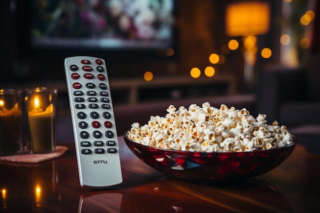 Home comfort TV remote and popcorn bowl symbolize relaxed viewing