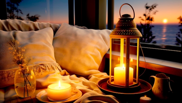 Фото Домашняя композиция с свечами и чашечкой чая на фоне дивана в комнате