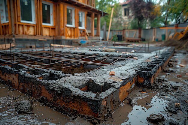 Home Construction Site with Foundation Framework