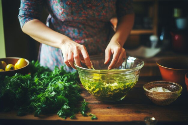 Home cook woman hands cooking salad lunch dressing preparing tasty fresh delicious mouthwatering