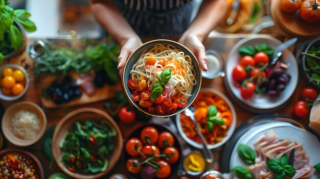 Foto home cooking delight vibrante array di ingredienti freschi e un gustoso piatto di pasta arte culinaria per un'alimentazione sana simple homemade meal ai