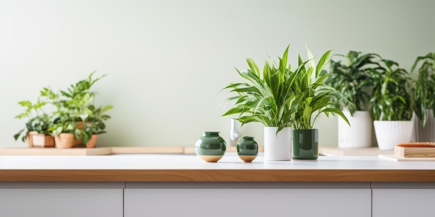 주방 에서 트렌디 한 초록색 식물 의 센트 를 특징 으로 하는 가정 장식