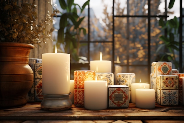 Home decor is depicted with ceramic tiles and candles