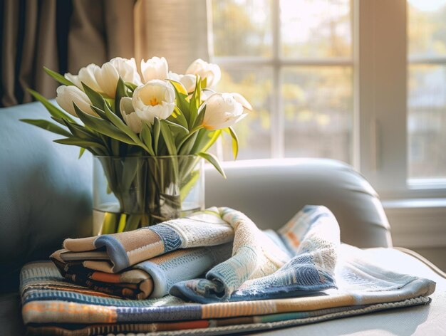 Foto decorazione della casa fiori primaverili all'interno dell'appartamento con luce brillante