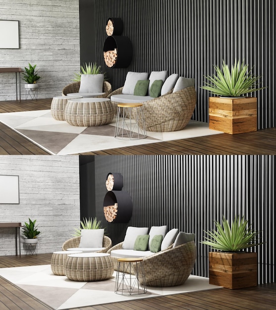 Home decor Woonkamer Stijlvol interieur 3D render Modern appartement 3D illustratie