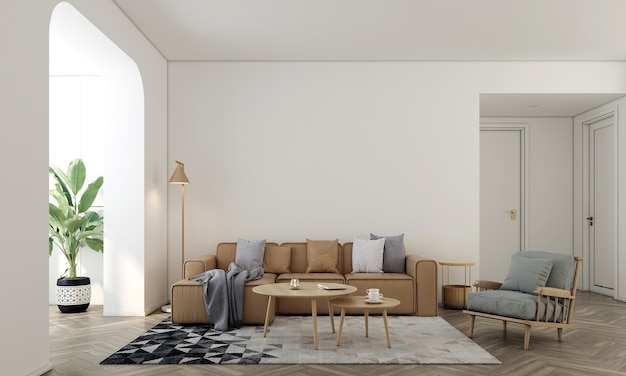 La casa e la decorazione simulano i mobili e l'interior design del soggiorno e il rendering 3d del fondo di struttura della parete bianca vuota