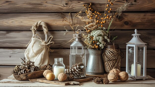 Photo home decorations in the interior with wooden background farmhouse interior generative ai