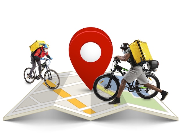 Доставка на дом, покупка еды через Интернет. Доставщики на велосипедах прибывают по любому адресу мира на карте с вашим заказом.