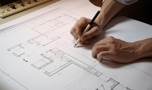 Home design architects examining blueprint and discussing construction details Creating using generative AI tools