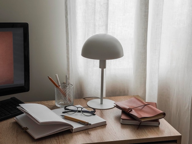 Home desktop with accessories for work study computer table lamp