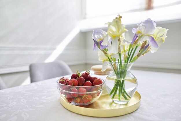 Home dining room interior, table with white tablecloth