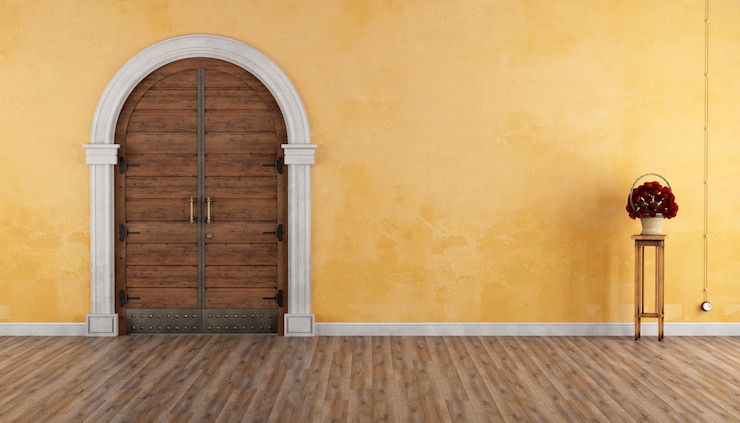 Photo home entrance with old portal and wooden door