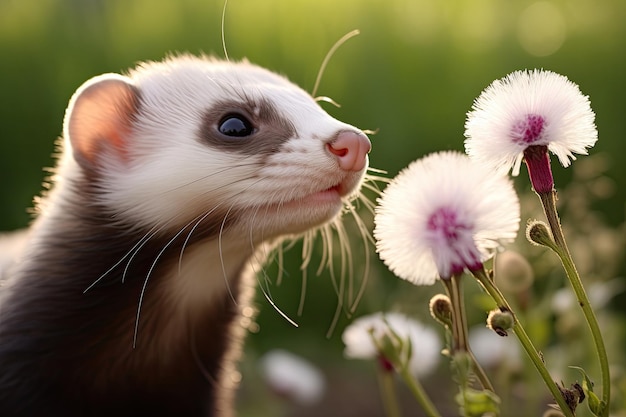 Photo home ferret outside with dendelion flower