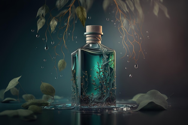 Home fragrance bottle with rattan twigs and falling water drops that splashes on the surface while emitting pleasant rain scents