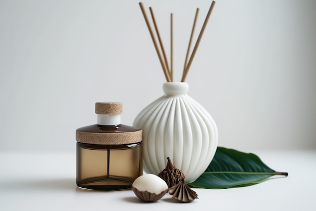 Home fragrance with a coconut flavor and a fresh tropical perfume in a reed diffuser container with rattan sticks on a white backdrop with copy space