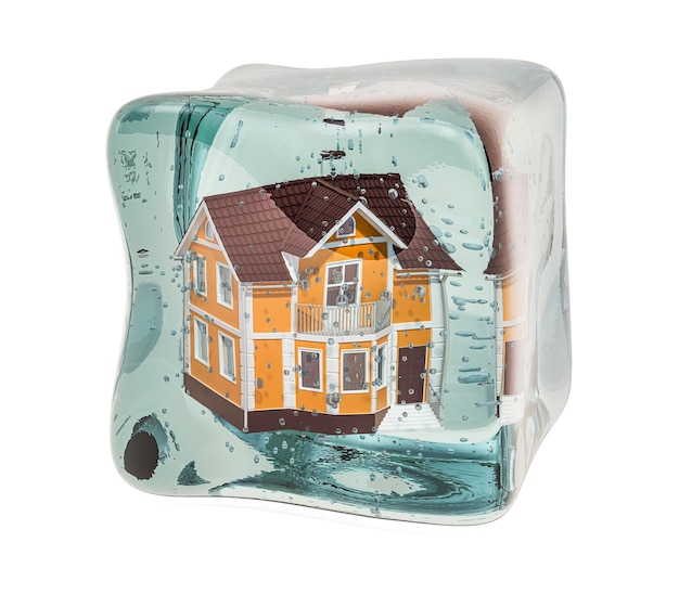 Home frozen in ice cube 3D rendering