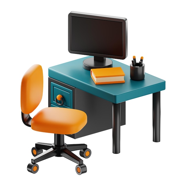 Home Furniture office desk and chair icon 3d rendering on isolated background