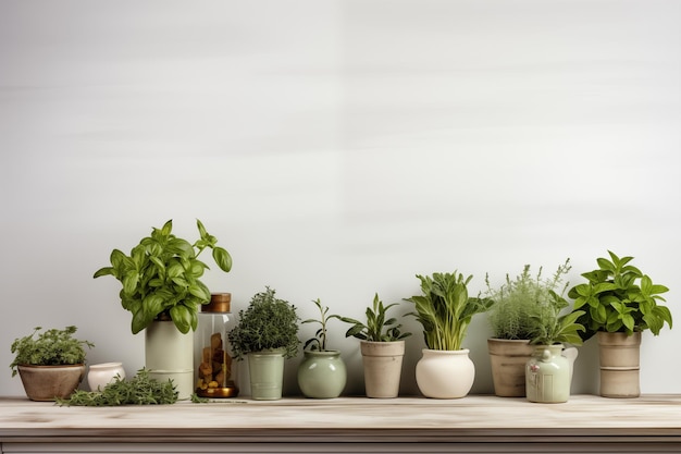 Home garden plants spread out on counter at home and space for text Generative AI