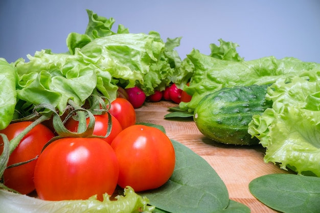 Home grown and harvested vegetables on wooden table background.