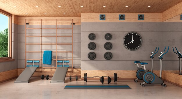 Home gym in een betonnen en houten kamer