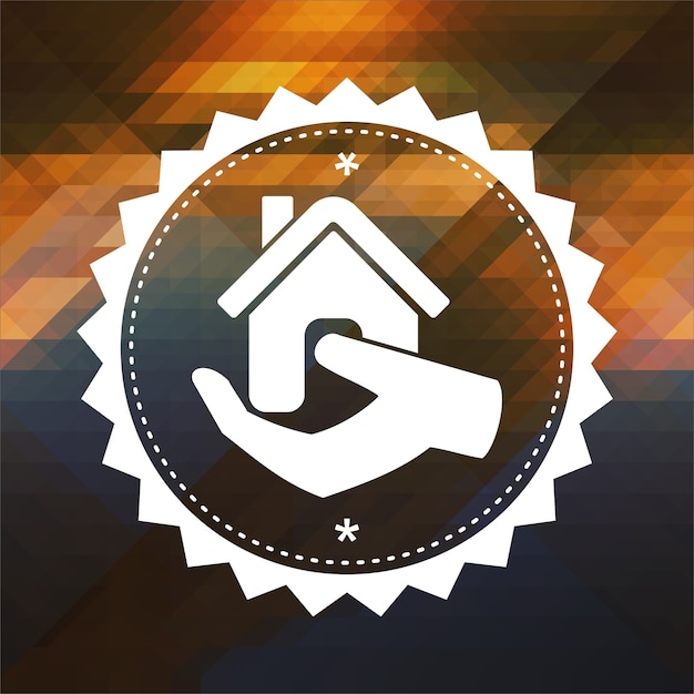 home in hand icon. retro label design. hipster background made of triangles, color flow effect.