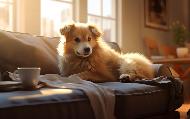 Home Harmony Cozy Living Room with a Closeup of a Dog on a Sofa