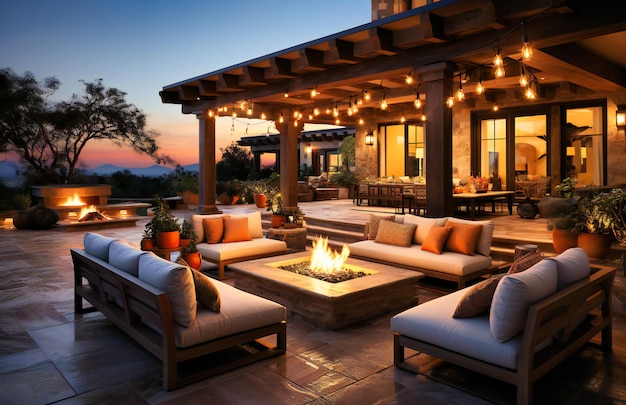 a home has a patio and wood deck with a fire pit