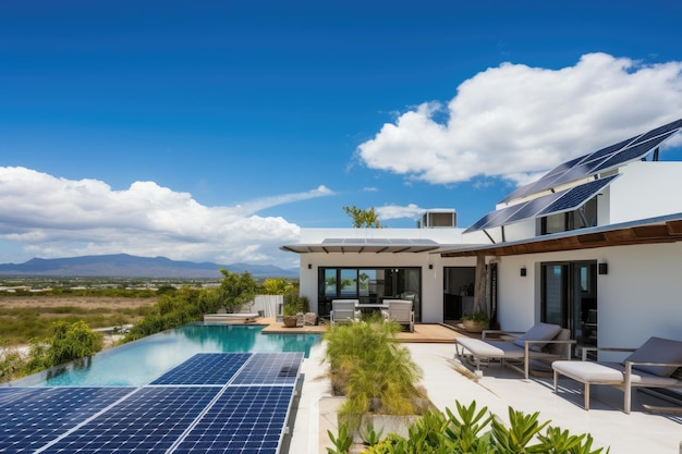 The home has a pool and a view of the mountains.