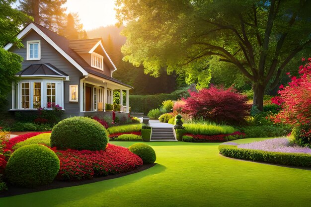 Photo home and healthy front yard during late spring season