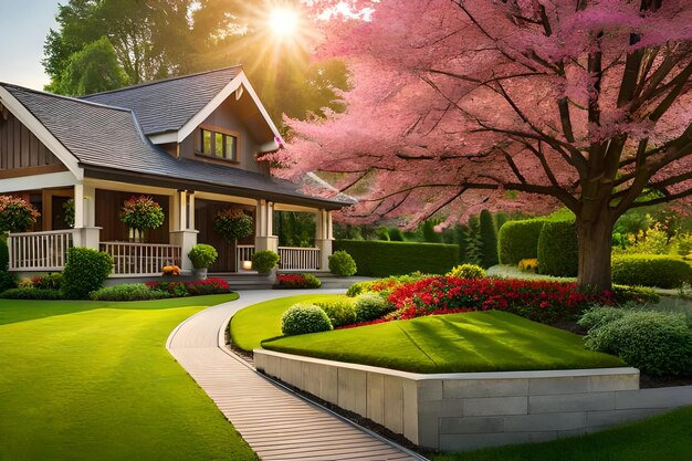 Home and healthy front yard during late spring season