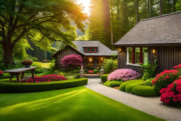 Home and healthy front yard during late spring season