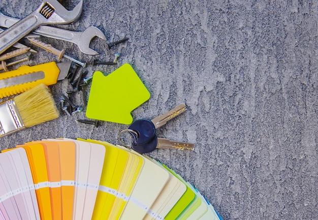 Home improvement concept - construction tools and items. selective focus.