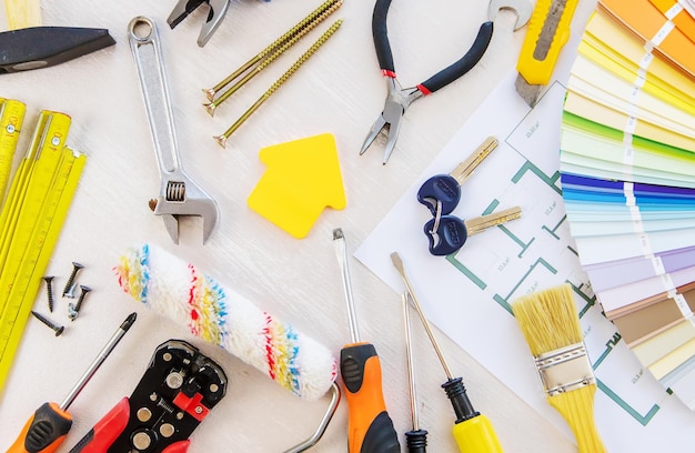 Photo home improvement and renovation concept construction tools and items selective focus