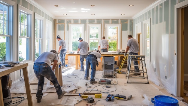 Photo home improvement and renovation concept handymen at work in a new house