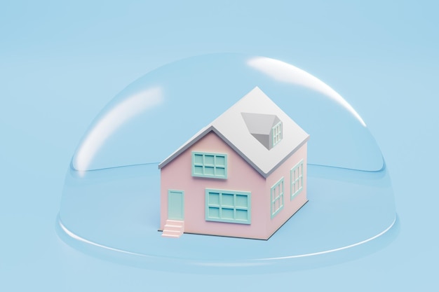 Home insurance the house is open with a glass transparent ball on a blue background 3D render