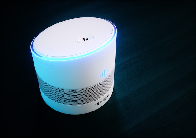 Home intelligent voice activated assistant. 3D rendering concept of white hi tech futuristic artificial intelligence speech recognition technology on dark blue wood background. Ultrawide image.